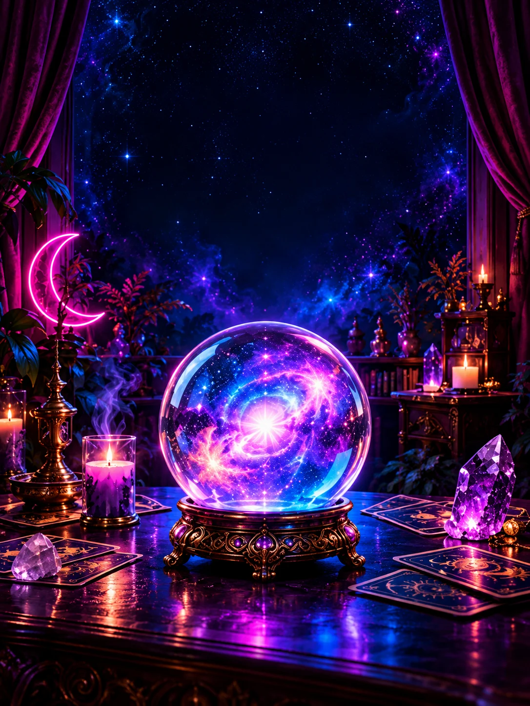 A glowing crystal ball, tarot cards, candles and amethyst in a neon-lit reading room